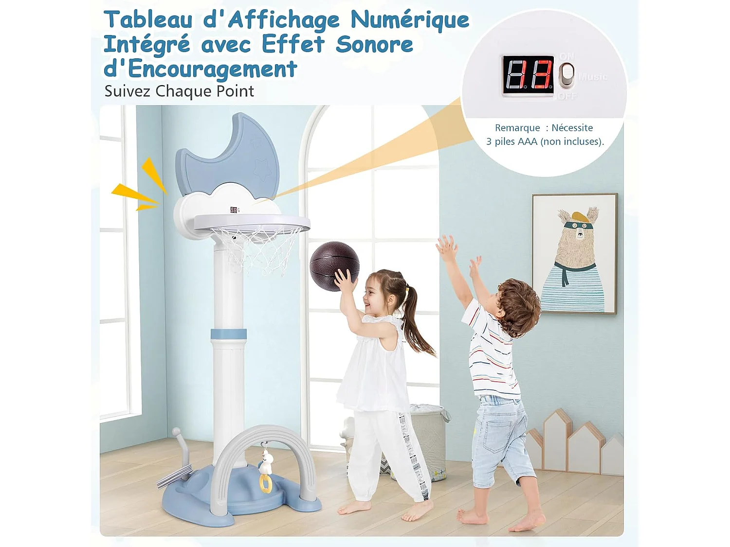 Centre d'Activités Sportives 4-en-1 Enfant avec Panier Basket Réglable, Football, Golf, Cerceaux et Tableau de Score Numérique