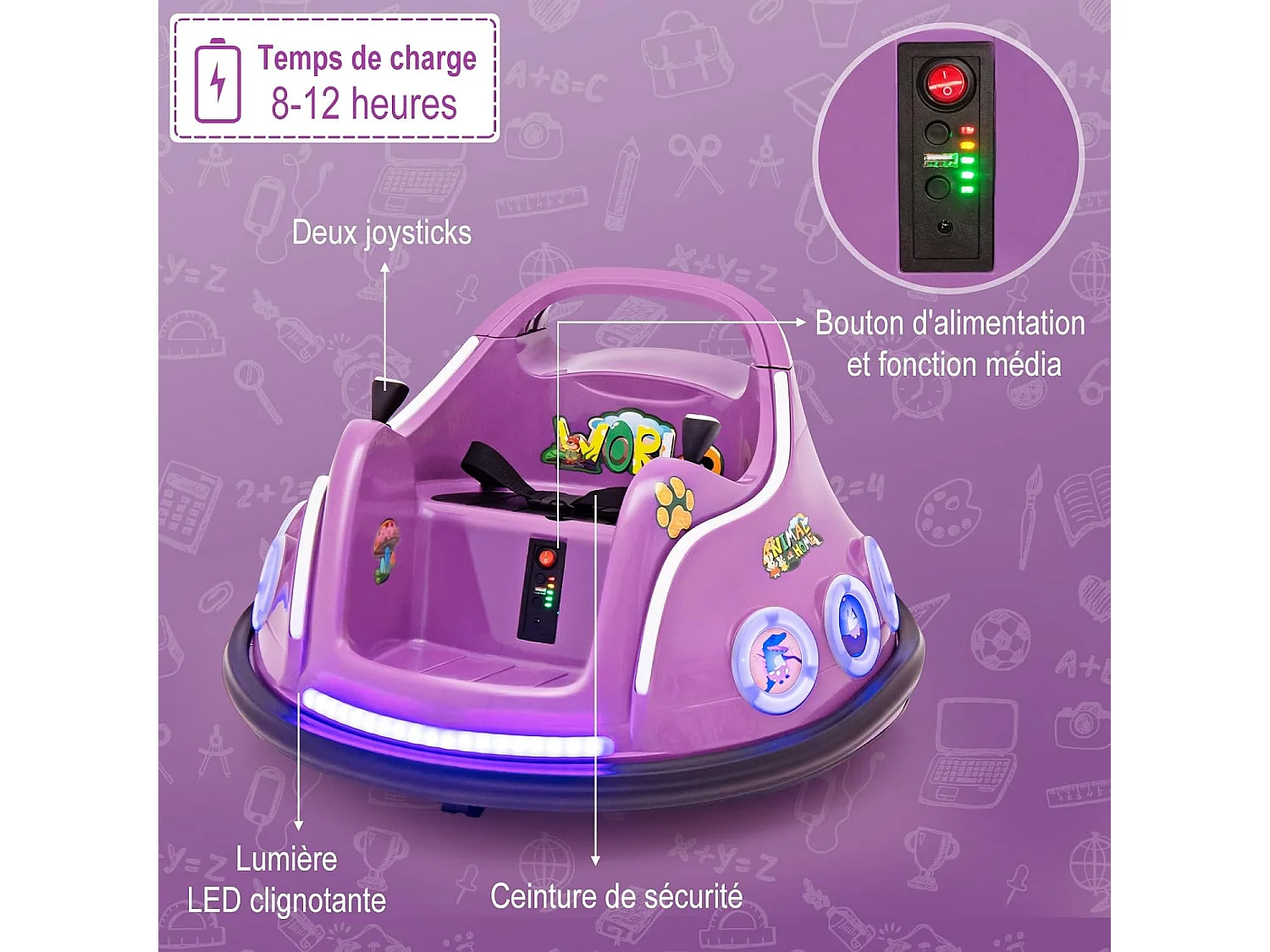 Auto Tamponneuse Électrique Enfants 3-8 Ans 12V avec Télécommande, Rotation 360°, Lumières & Sons, Ceinture de Sécurité