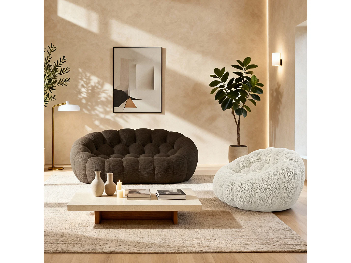 Pack Cocoon bank chocolade + fauteuil – wit