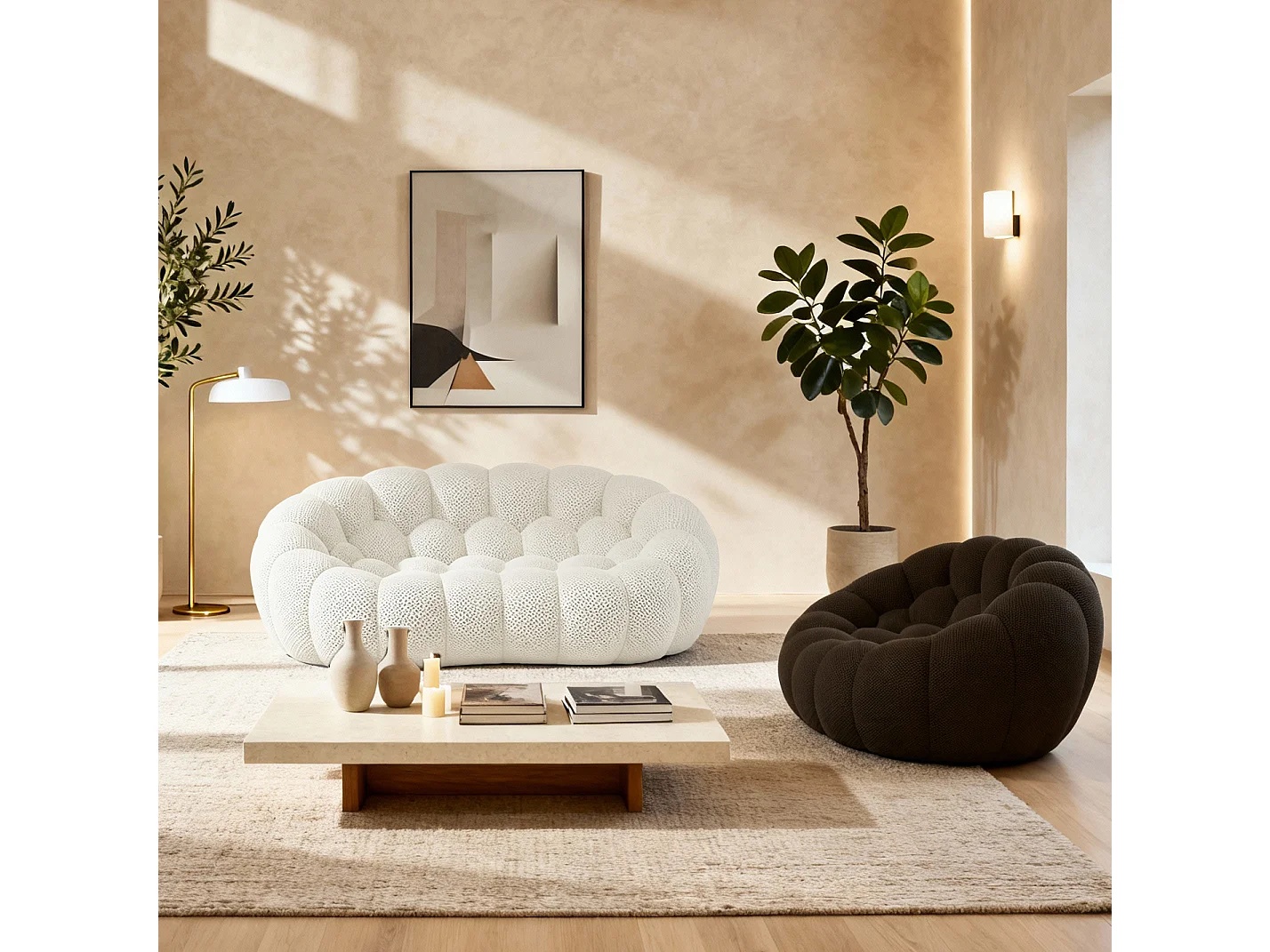 Coco Living Cocoon Set Sofa Weiß + Sessel - Schokolade