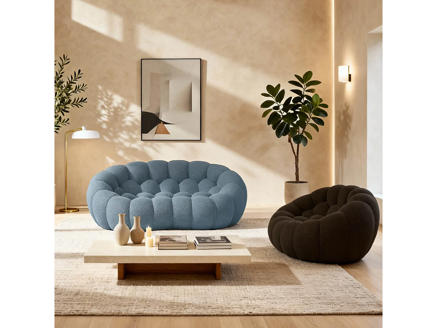 Coco Living Cocoon Set Sofa Blau + Sessel - Schokolade