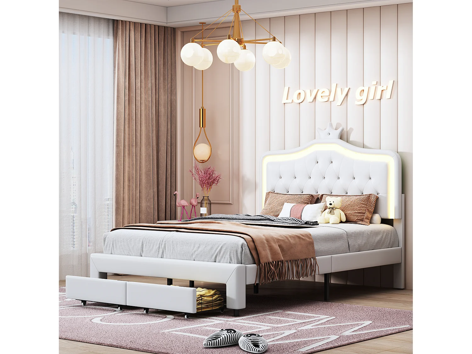 Cadre de Lit Double Rembourré avec Tiroir de Rangement - Tête de Lit en Forme de Couronne avec LED Décorative - Lit Princesse - Blanc - Similicuir - 140x200 cm