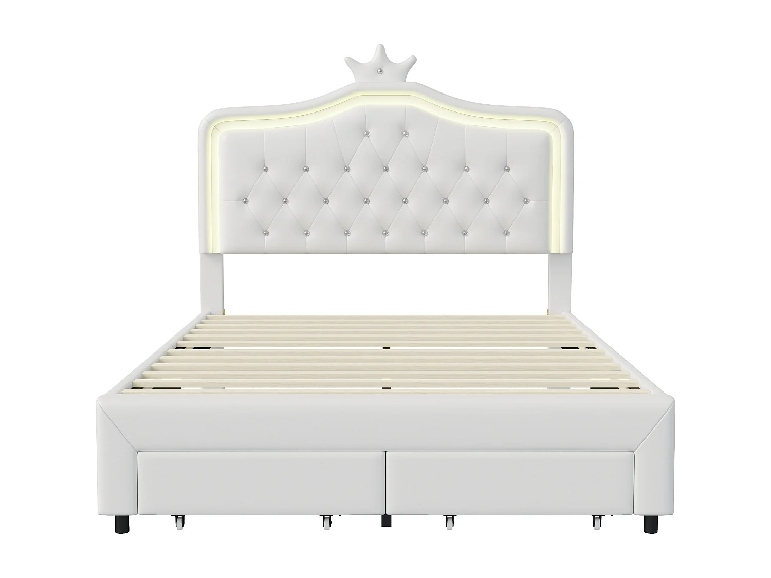 Cadre de Lit Double Rembourré avec Tiroir de Rangement - Tête de Lit en Forme de Couronne avec LED Décorative - Lit Princesse - Blanc - Similicuir - 140x200 cm