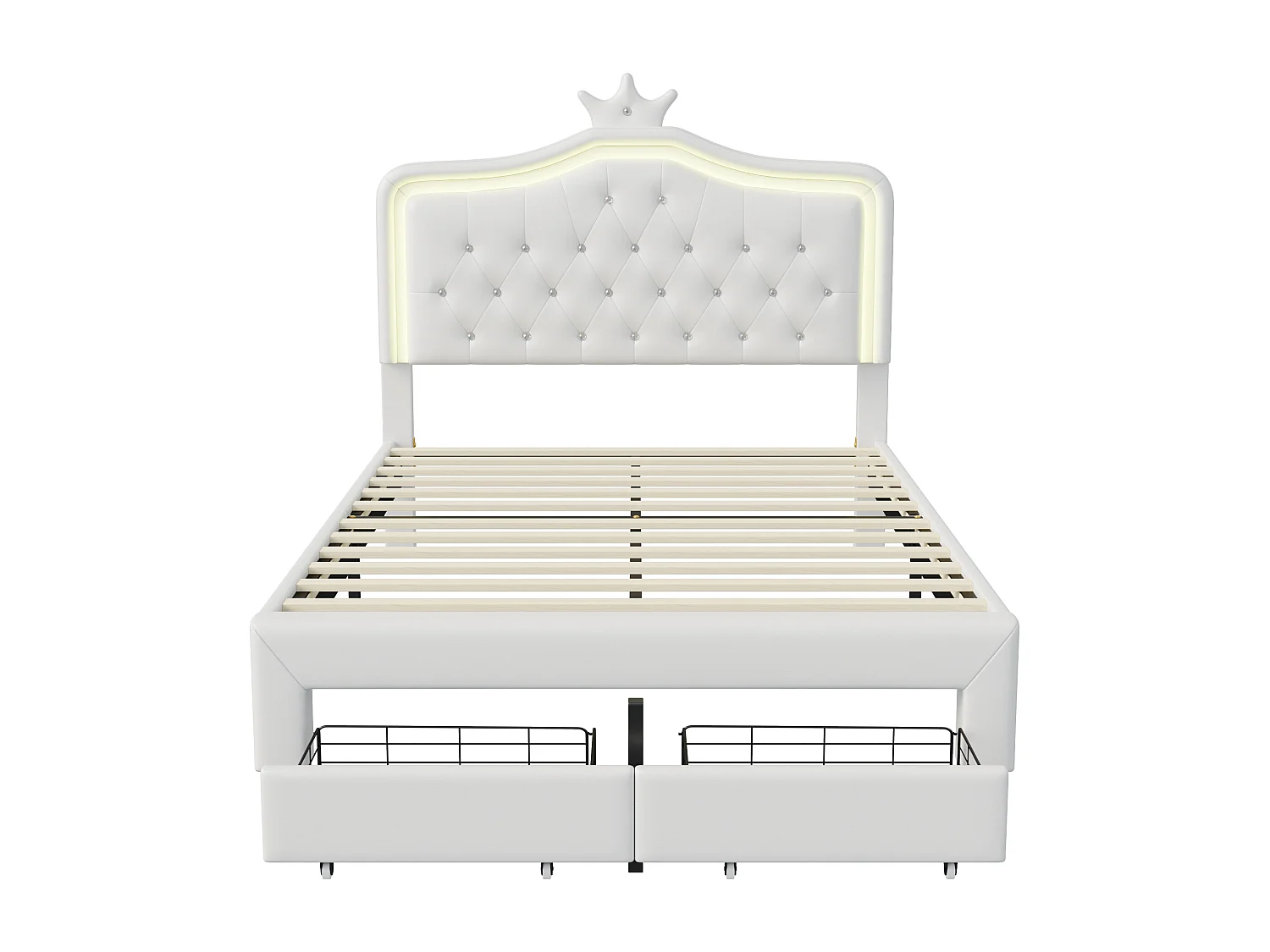 Cadre de Lit Double Rembourré avec Tiroir de Rangement - Tête de Lit en Forme de Couronne avec LED Décorative - Lit Princesse - Blanc - Similicuir - 140x200 cm