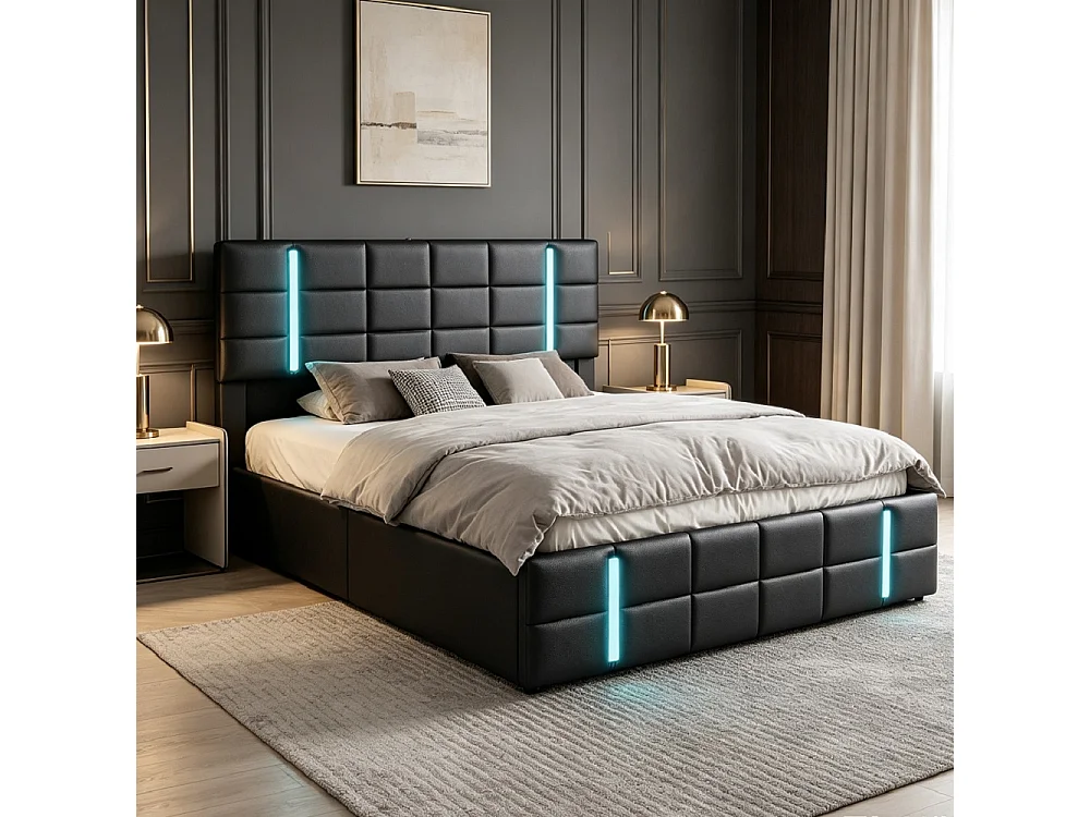 Lit rembourré - 160 x 200 cm - Lit hydraulique avec LED et 2 ports de charge USB - Lit double avec cadre à lames pour adultes - PU - Noir