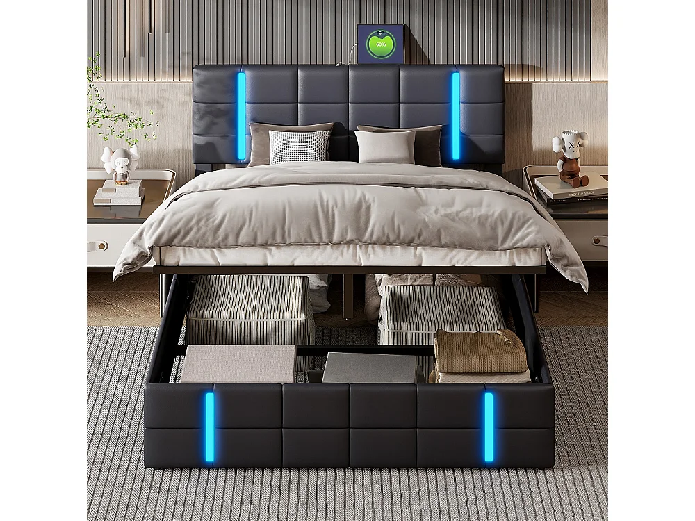 Lit rembourré - 140 x 200 cm - Lit hydraulique avec LED et 2 ports de charge USB - Lit double avec cadre à lames pour adultes - PU - Noir