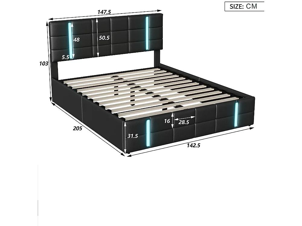 Lit rembourré - 140 x 200 cm - Lit hydraulique avec LED et 2 ports de charge USB - Lit double avec cadre à lames pour adultes - PU - Noir