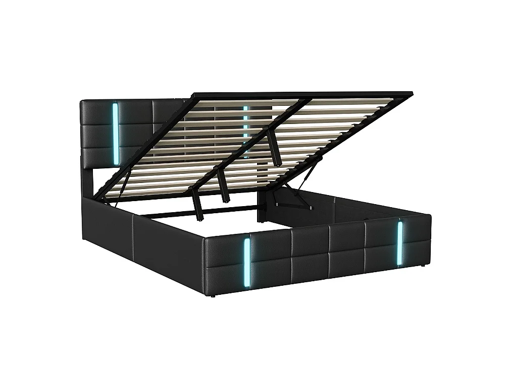 Lit rembourré - 140 x 200 cm - Lit hydraulique avec LED et 2 ports de charge USB - Lit double avec cadre à lames pour adultes - PU - Noir