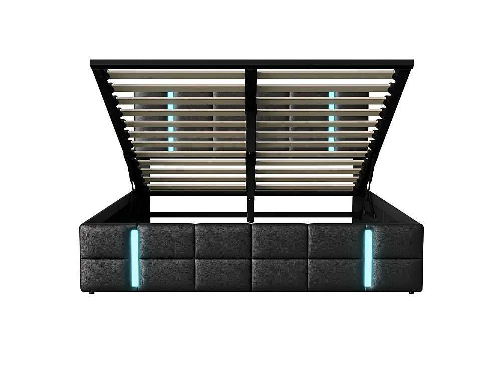 Lit rembourré - 140 x 200 cm - Lit hydraulique avec LED et 2 ports de charge USB - Lit double avec cadre à lames pour adultes - PU - Noir