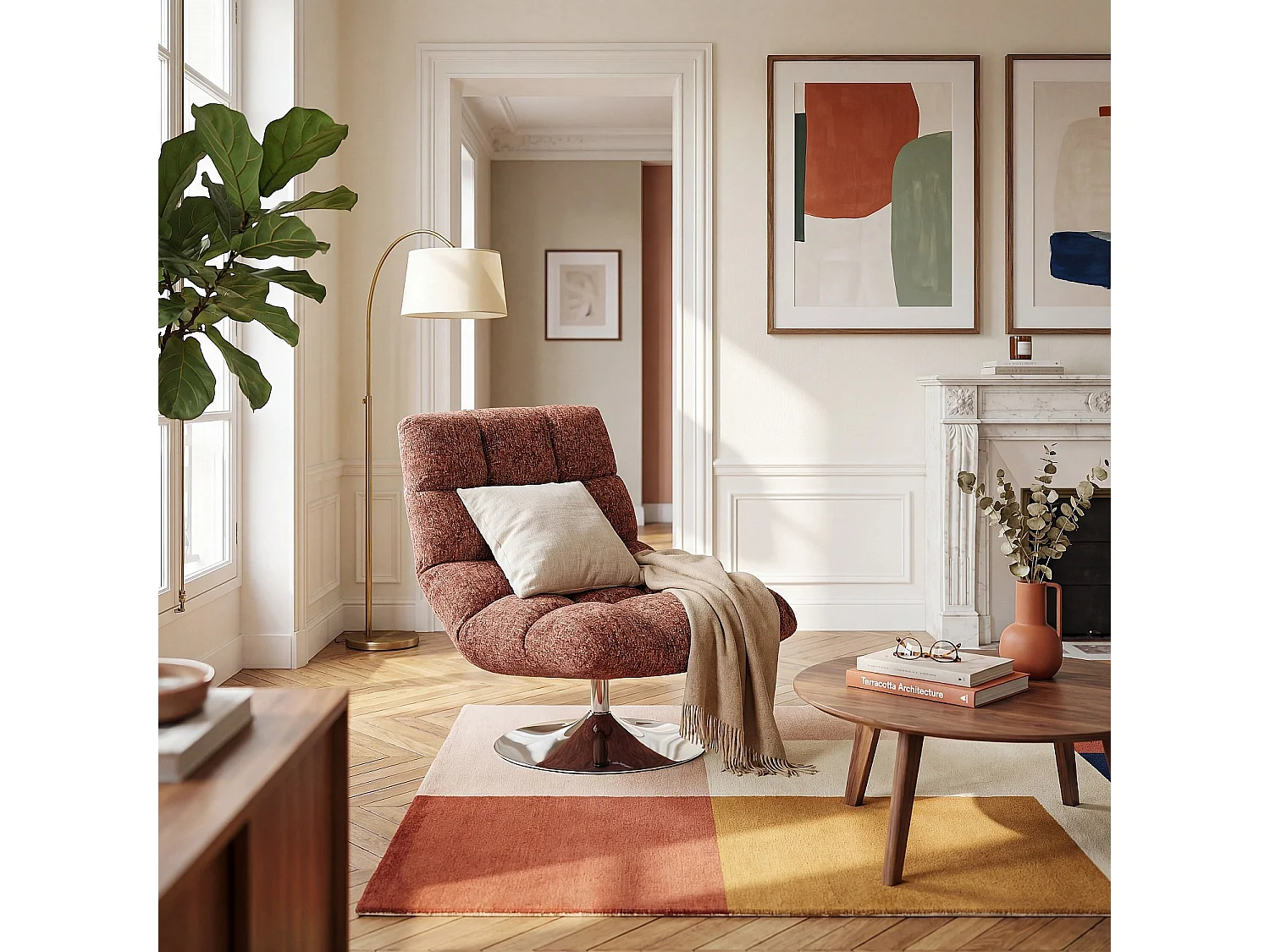 Fauteuil pivotant en tissu chenille et métal chromé - Terracotta mélangé