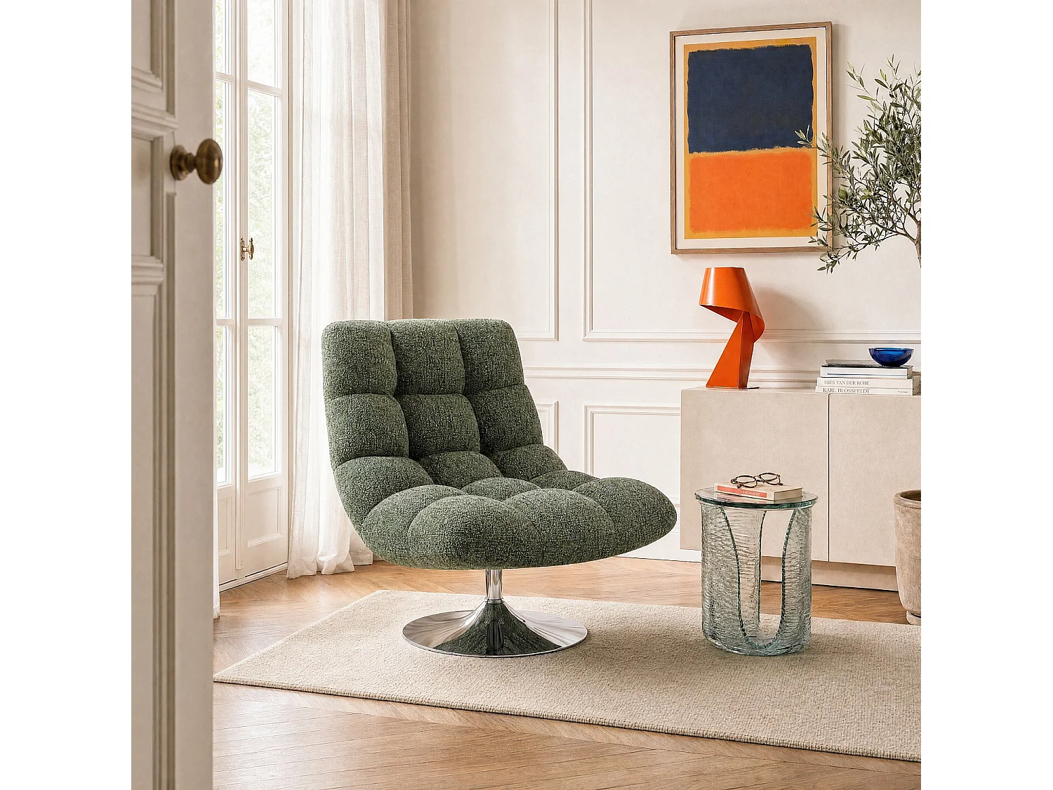 Fauteuil pivotant en tissu chenille et métal chromé - Vert mélangé