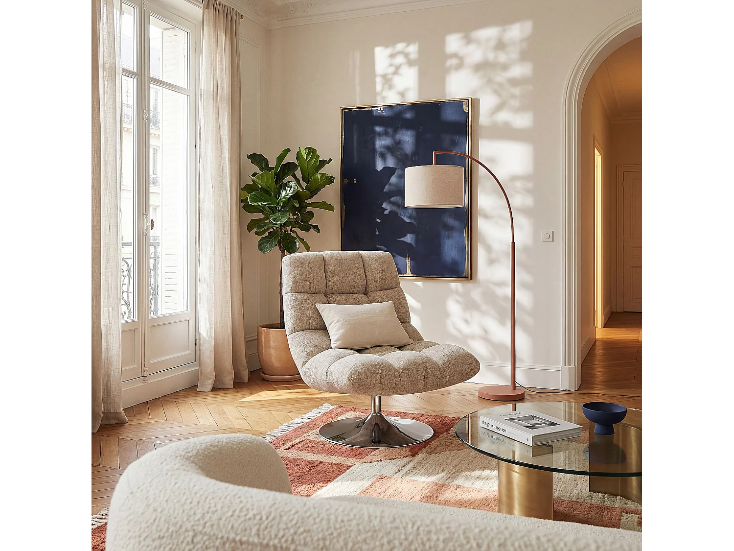 Fauteuil pivotant en tissu chenille et métal chromé - Beige mélangé