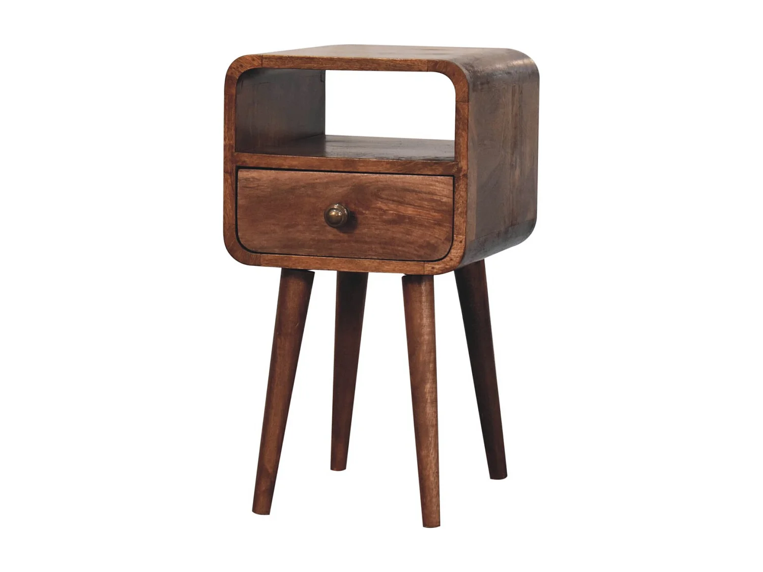 Artisan Furniture Table de chevet incurvée en bois massif couleur miel caramel, 1 tiroir et compartiment ouvert, brun foncé