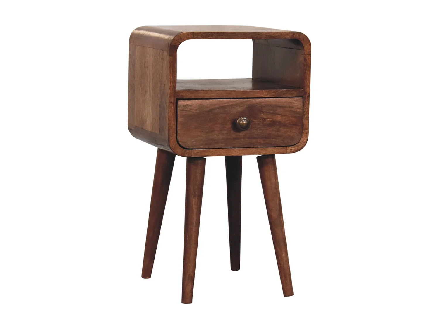 Artisan Furniture Table de chevet incurvée en bois massif couleur miel caramel, 1 tiroir et compartiment ouvert, brun foncé