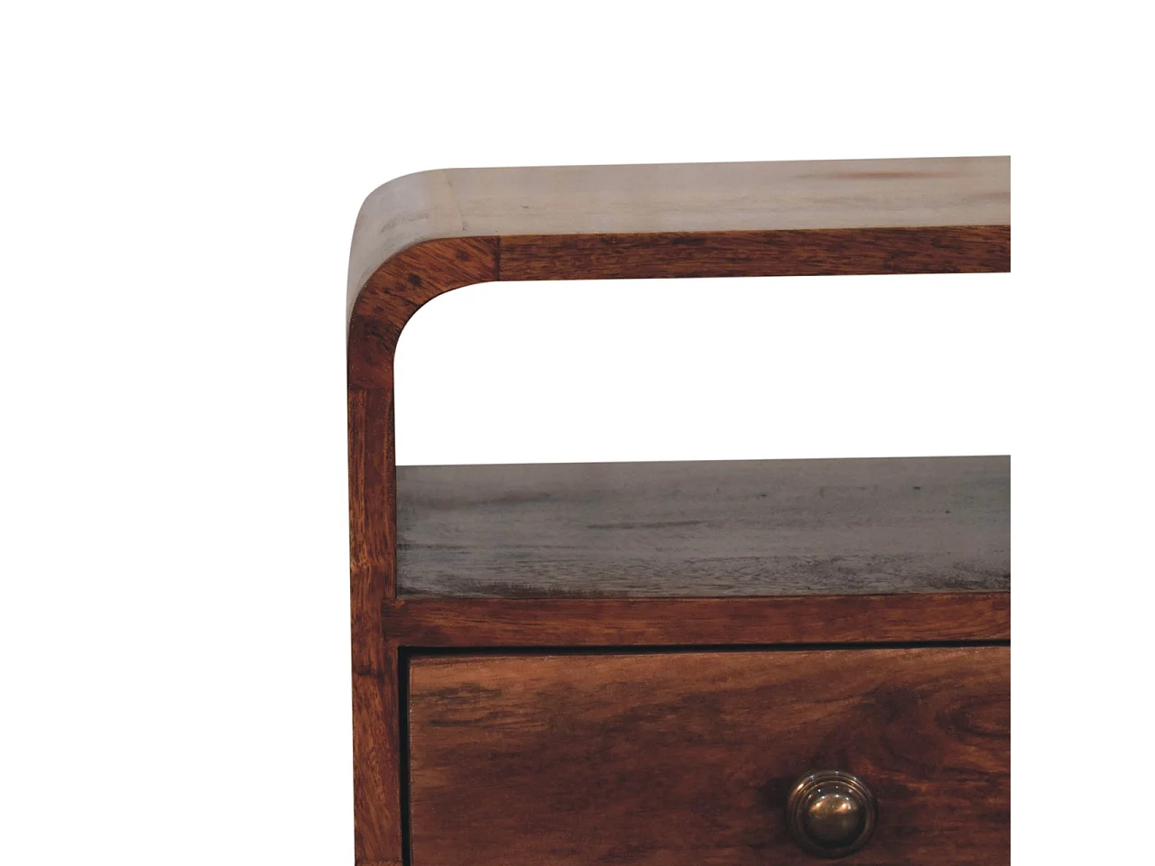 Artisan Furniture Table de chevet incurvée en bois massif couleur miel caramel, 1 tiroir et compartiment ouvert, brun foncé