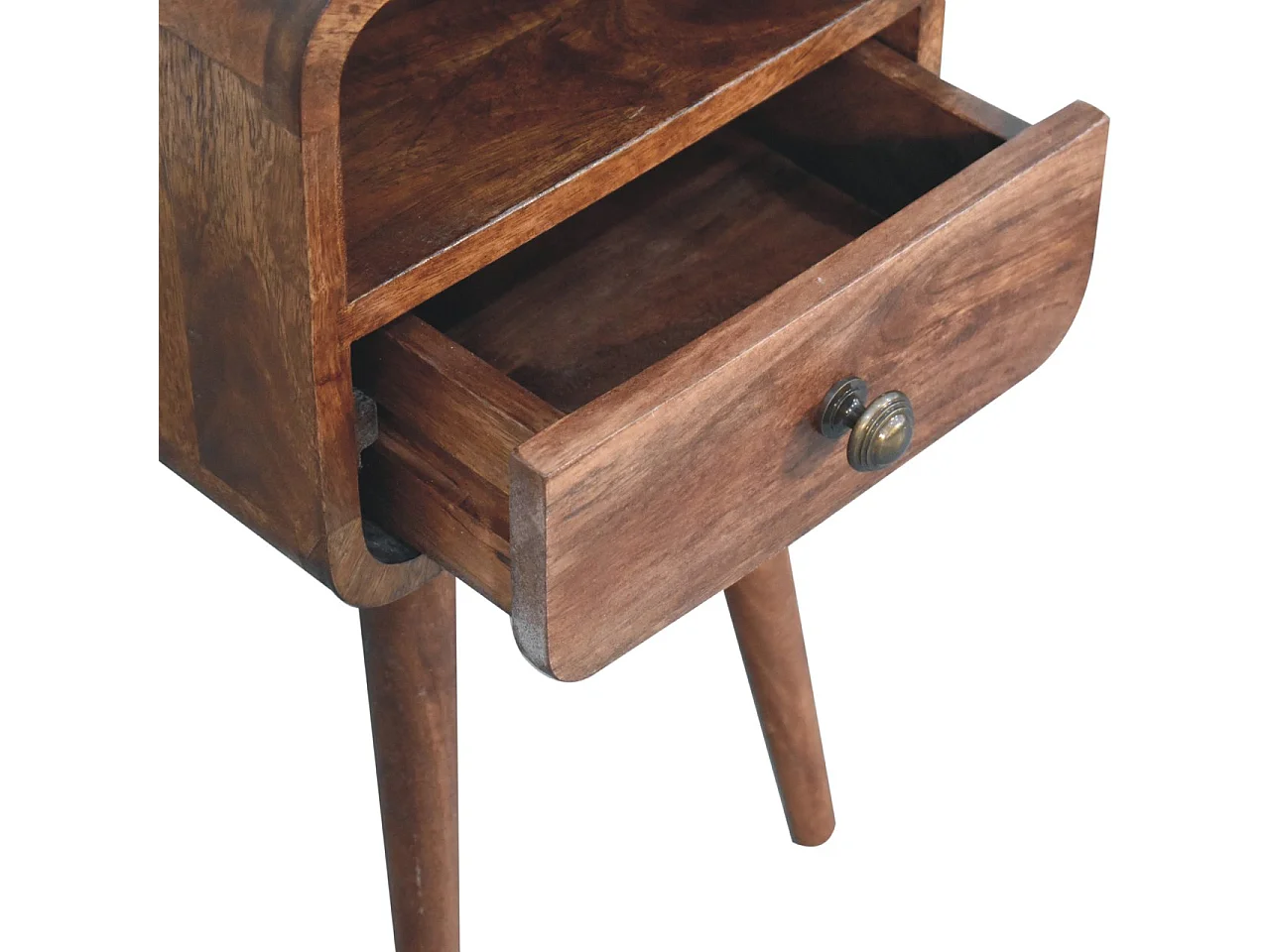 Artisan Furniture Table de chevet incurvée en bois massif couleur miel caramel, 1 tiroir et compartiment ouvert, brun foncé