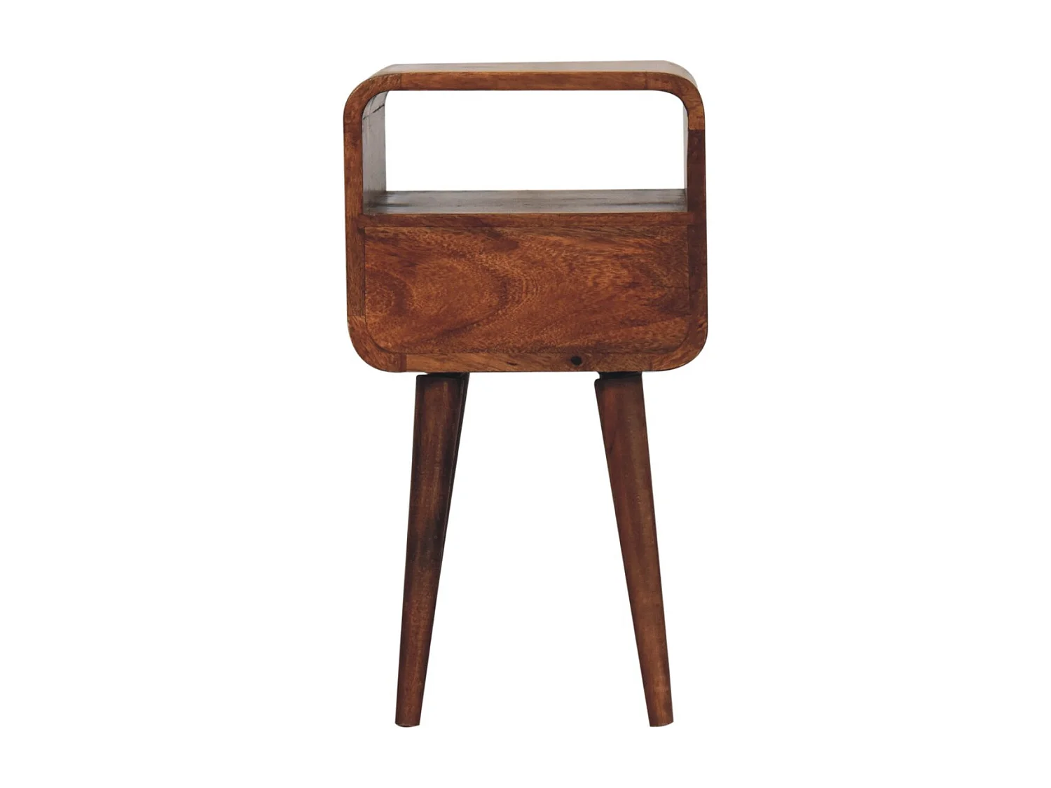 Artisan Furniture Table de chevet incurvée en bois massif couleur miel caramel, 1 tiroir et compartiment ouvert, brun foncé