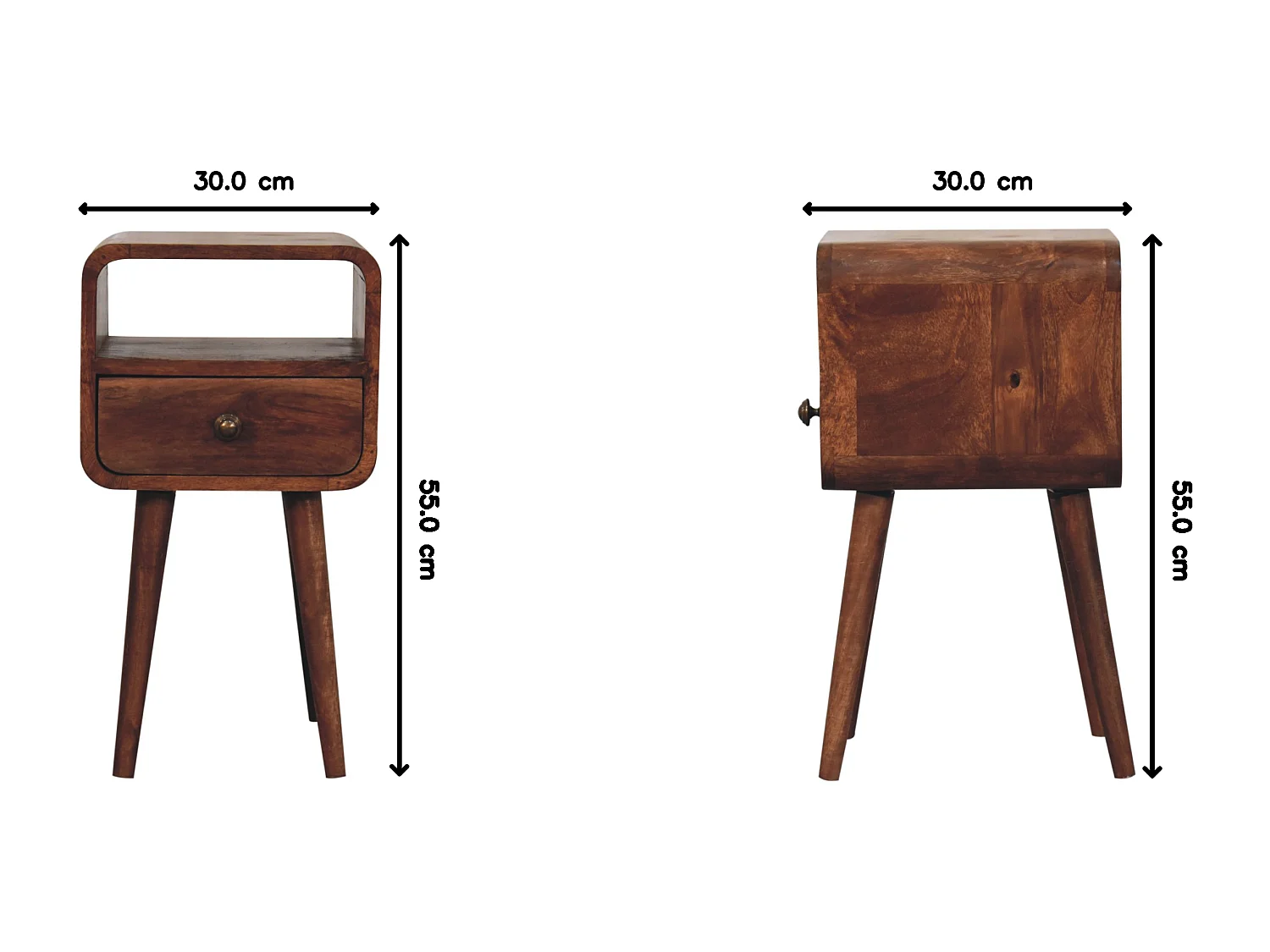 Artisan Furniture Table de chevet incurvée en bois massif couleur miel caramel, 1 tiroir et compartiment ouvert, brun foncé