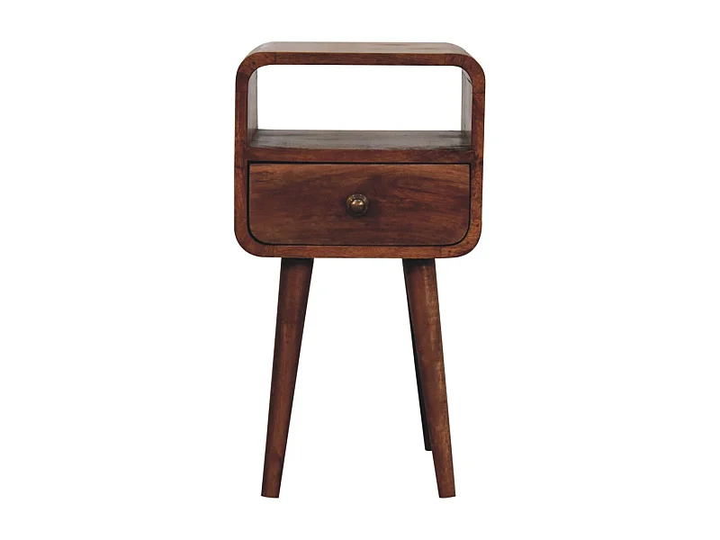 Artisan Furniture Table de chevet incurvée en bois massif couleur miel caramel, 1 tiroir et compartiment ouvert, brun foncé