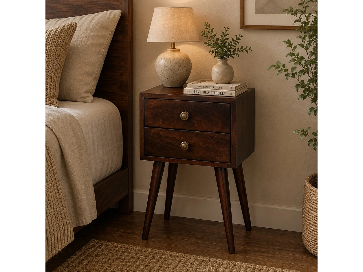 Artisan Furniture Mini table de chevet en bois massif de noyer californien, 2 tiroirs, brun foncé
