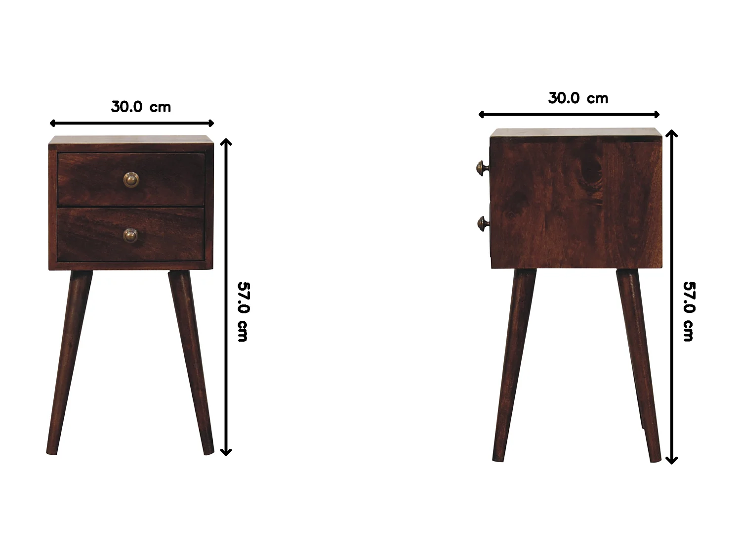 Artisan Furniture Mini table de chevet en bois massif de noyer californien, 2 tiroirs, brun foncé