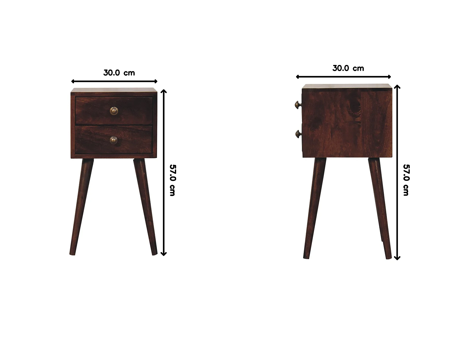Artisan Furniture Mini table de chevet en bois massif de noyer californien, 2 tiroirs, brun foncé