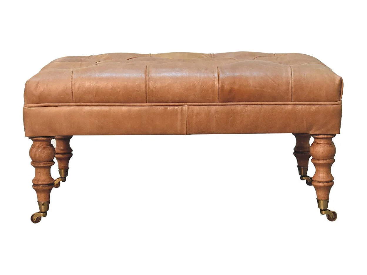 Artisan Furniture Ottoman en cuir Buffalo Tan avec pieds à roulettes en bois massif, grains élégants, pieds tournés à la main, marron clair
