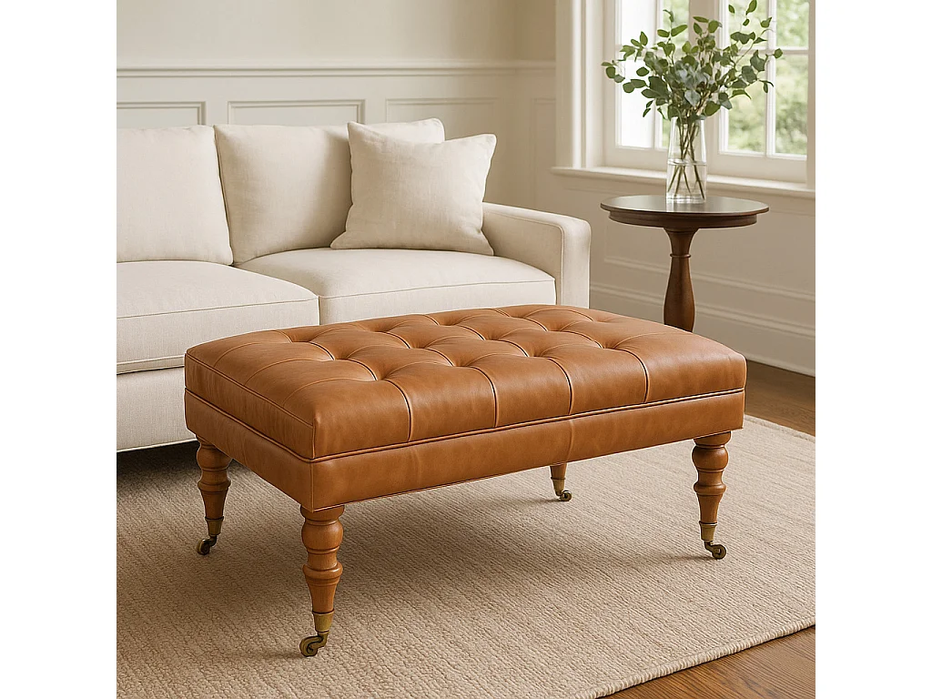 Artisan Furniture Ottoman en cuir Buffalo Tan avec pieds à roulettes en bois massif, grains élégants, pieds tournés à la main, marron clair
