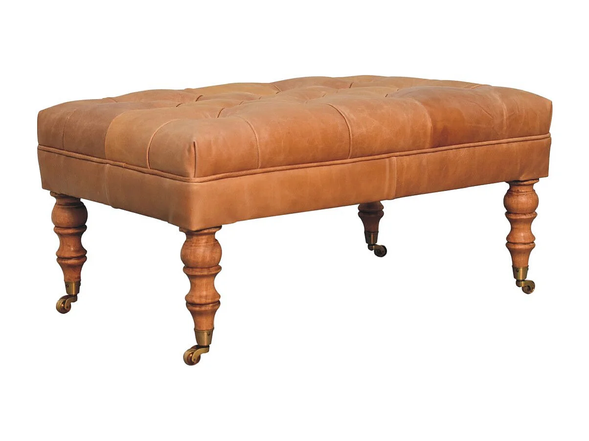 Artisan Furniture Ottoman en cuir Buffalo Tan avec pieds à roulettes en bois massif, grains élégants, pieds tournés à la main, marron clair