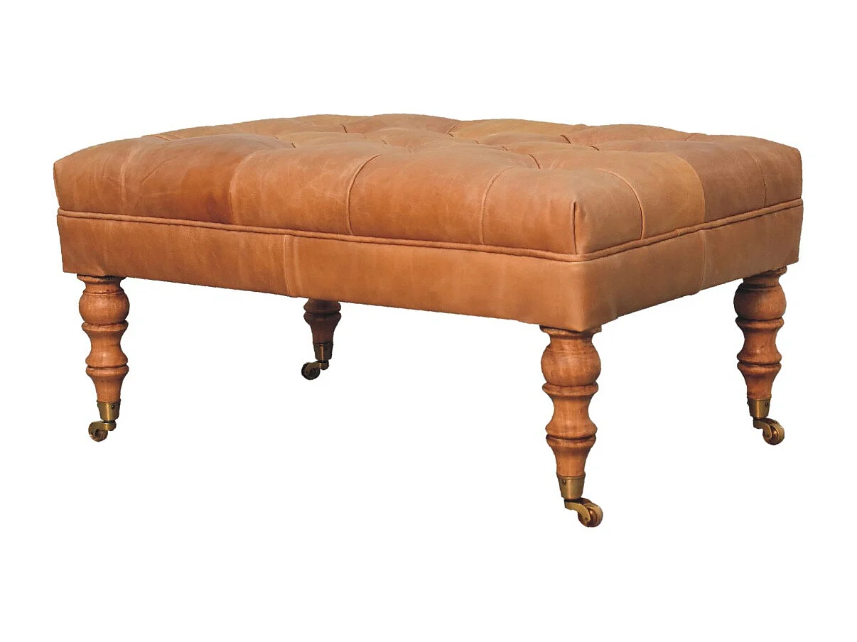 Artisan Furniture Ottoman en cuir Buffalo Tan avec pieds à roulettes en bois massif, grains élégants, pieds tournés à la main, marron clair