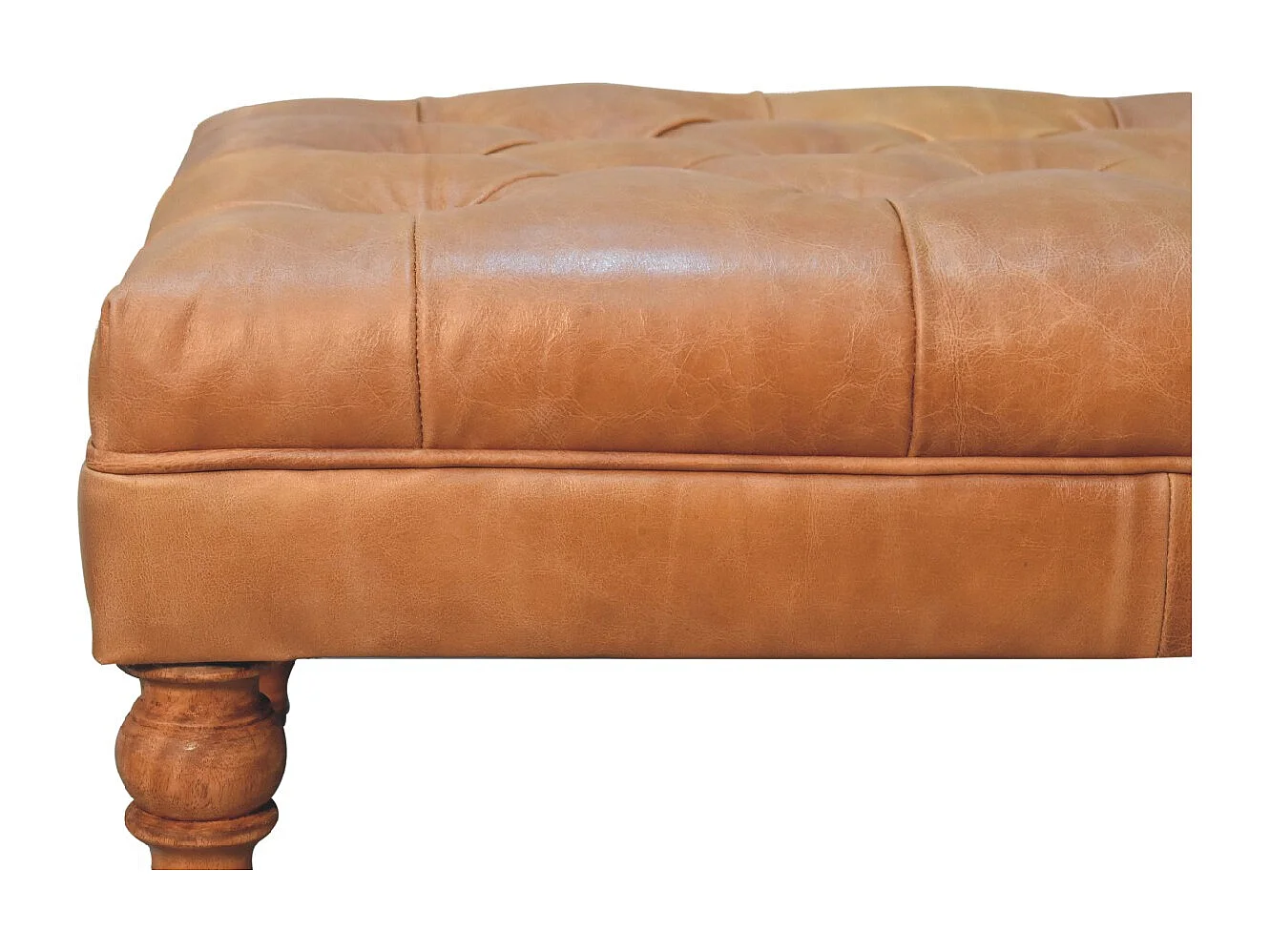 Artisan Furniture Ottoman en cuir Buffalo Tan avec pieds à roulettes en bois massif, grains élégants, pieds tournés à la main, marron clair