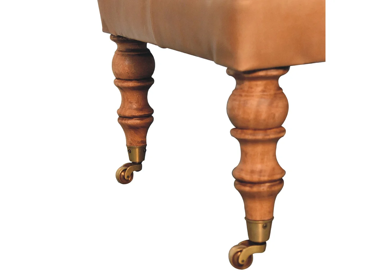 Artisan Furniture Ottoman en cuir Buffalo Tan avec pieds à roulettes en bois massif, grains élégants, pieds tournés à la main, marron clair