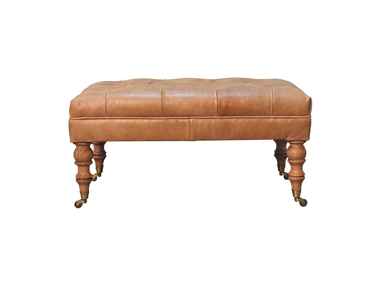Artisan Furniture Otomana de cuero Buffalo Tan con patas con ruedas de madera maciza, vetas elegantes, patas torneadas a mano, marrón claro