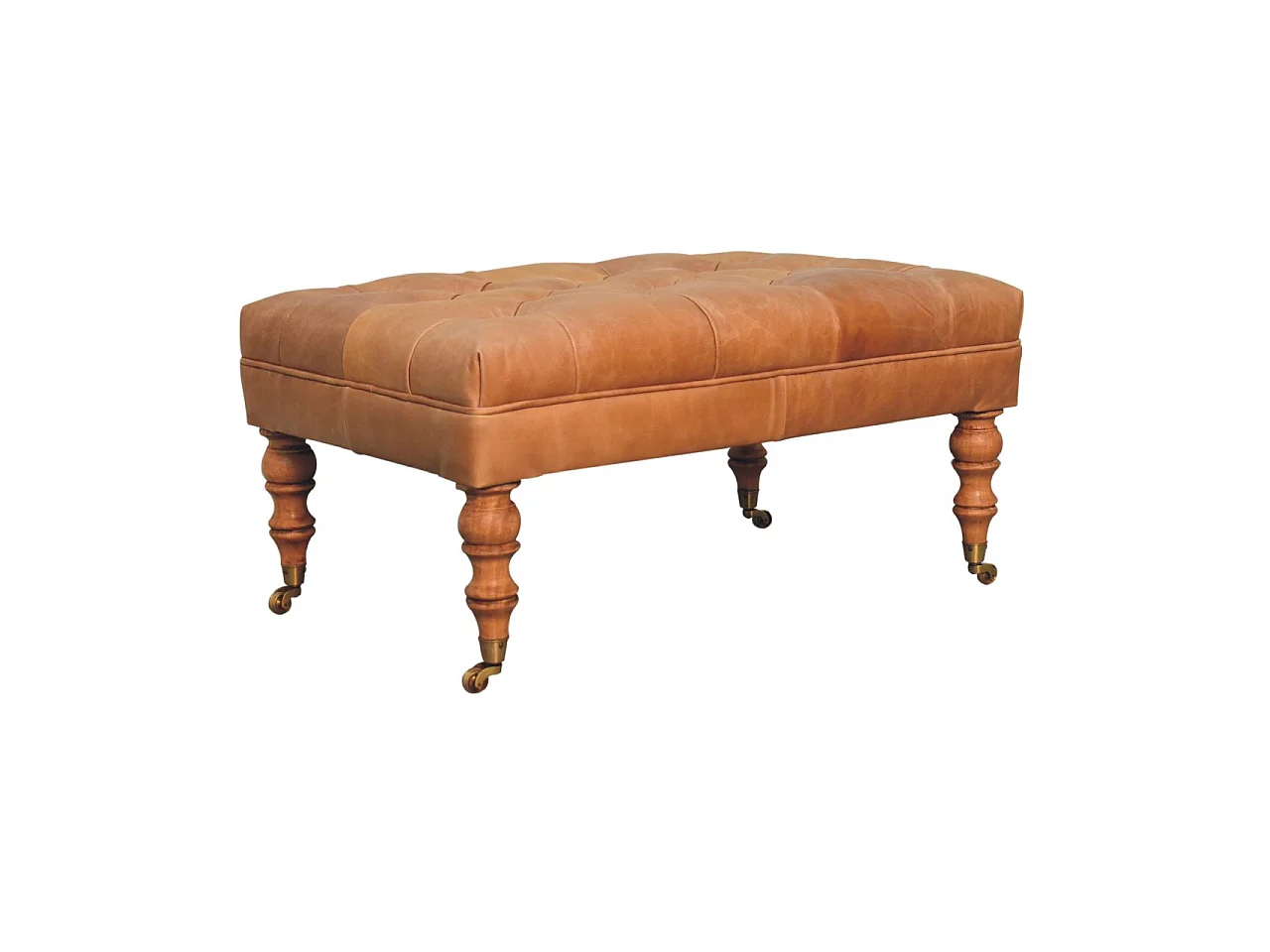 Artisan Furniture Otomana de cuero Buffalo Tan con patas con ruedas de madera maciza, vetas elegantes, patas torneadas a mano, marrón claro