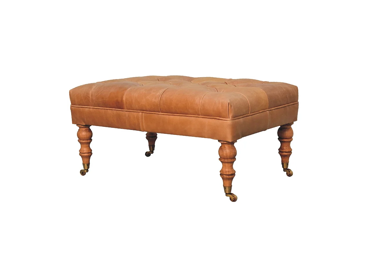 Artisan Furniture Otomana de cuero Buffalo Tan con patas con ruedas de madera maciza, vetas elegantes, patas torneadas a mano, marrón claro