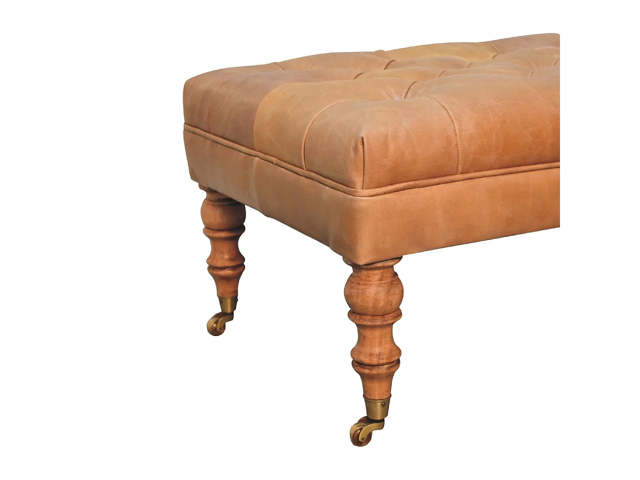 Artisan Furniture Otomana de cuero Buffalo Tan con patas con ruedas de madera maciza, vetas elegantes, patas torneadas a mano, marrón claro