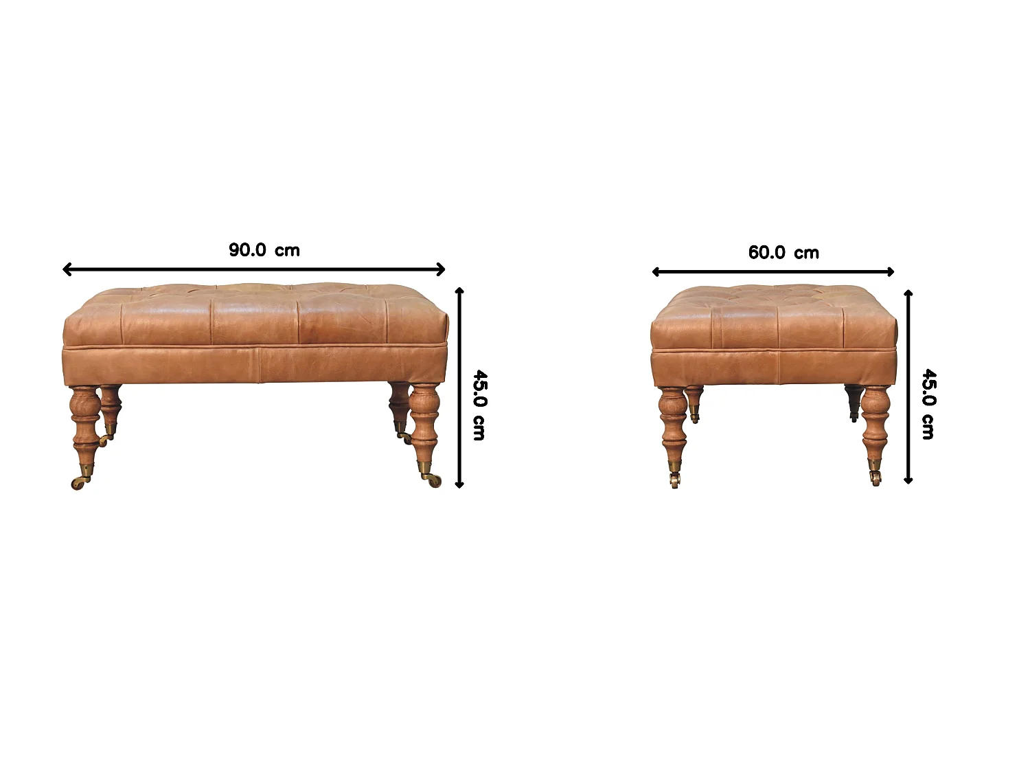 Artisan Furniture Otomana de cuero Buffalo Tan con patas con ruedas de madera maciza, vetas elegantes, patas torneadas a mano, marrón claro