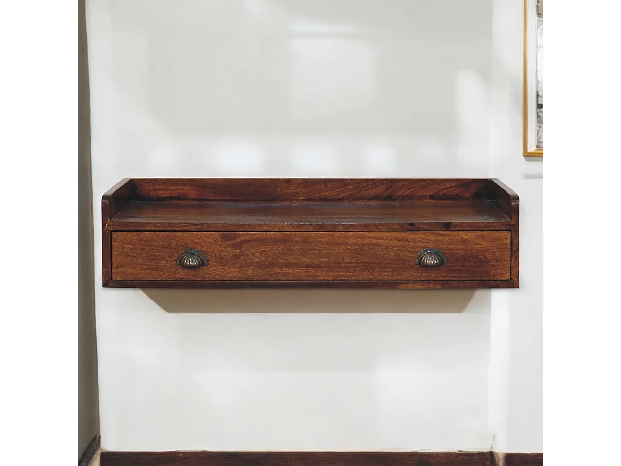 Artisan Furniture Étagère murale Belmont en bois massif, 1 tiroir, brun foncé