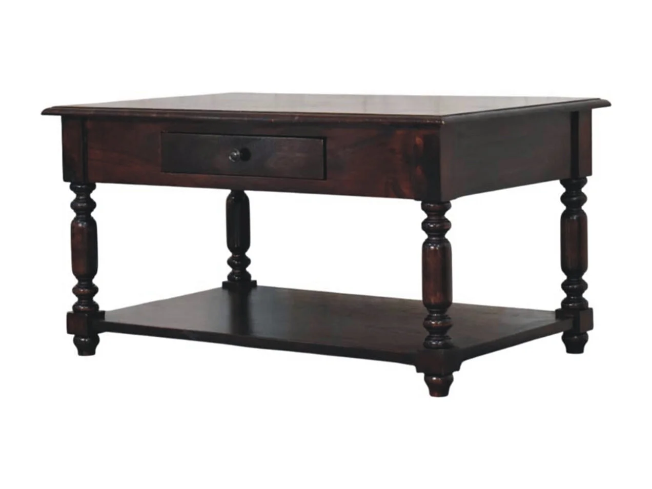 Artisan Furniture Console en bois massif avec pieds tournés, 1 tiroir et étagère ouverte, brun foncé
