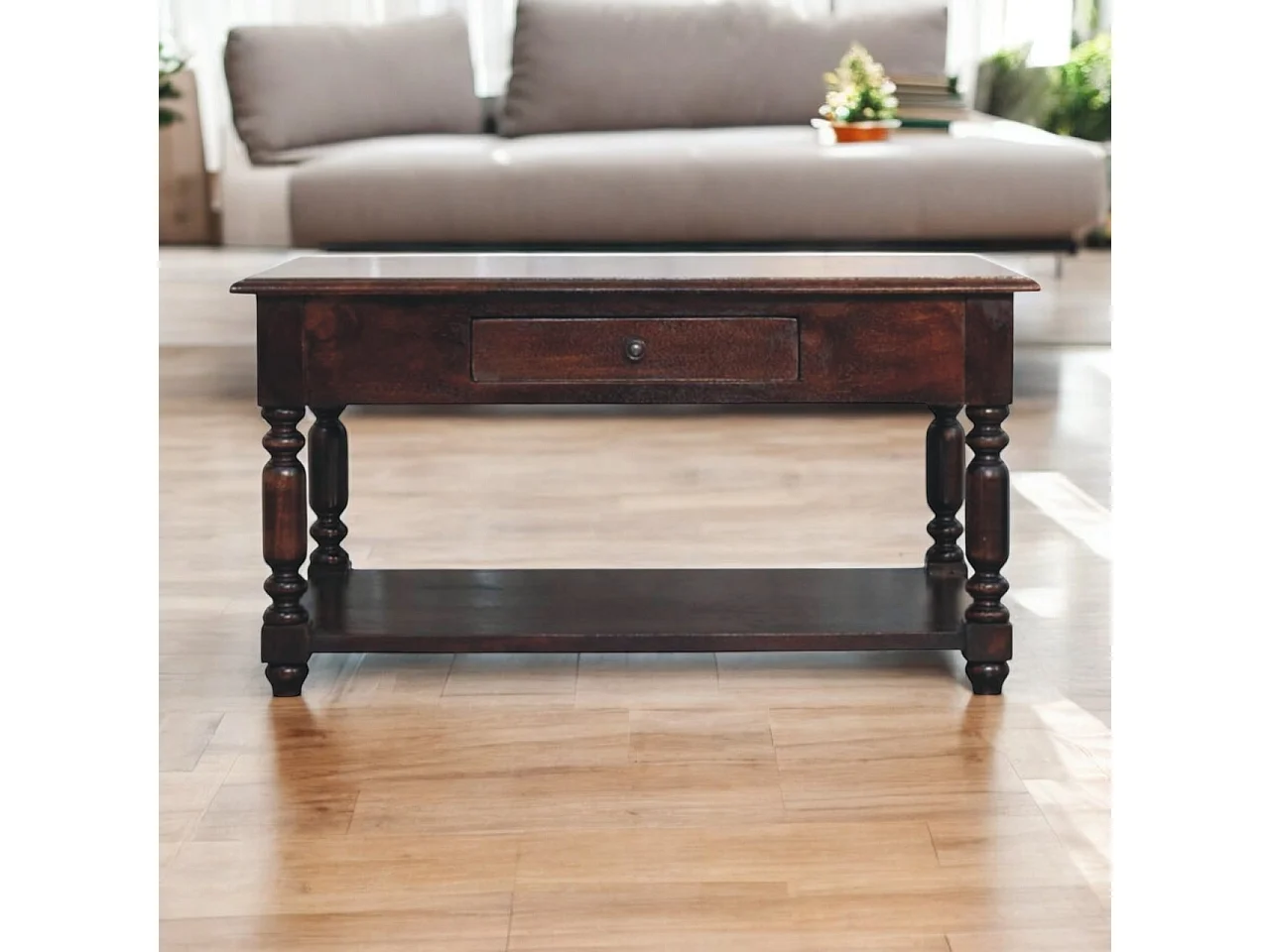 Artisan Furniture massief houten consoletafel met gedraaide poten, 1 lade en open plank, donkerbruin