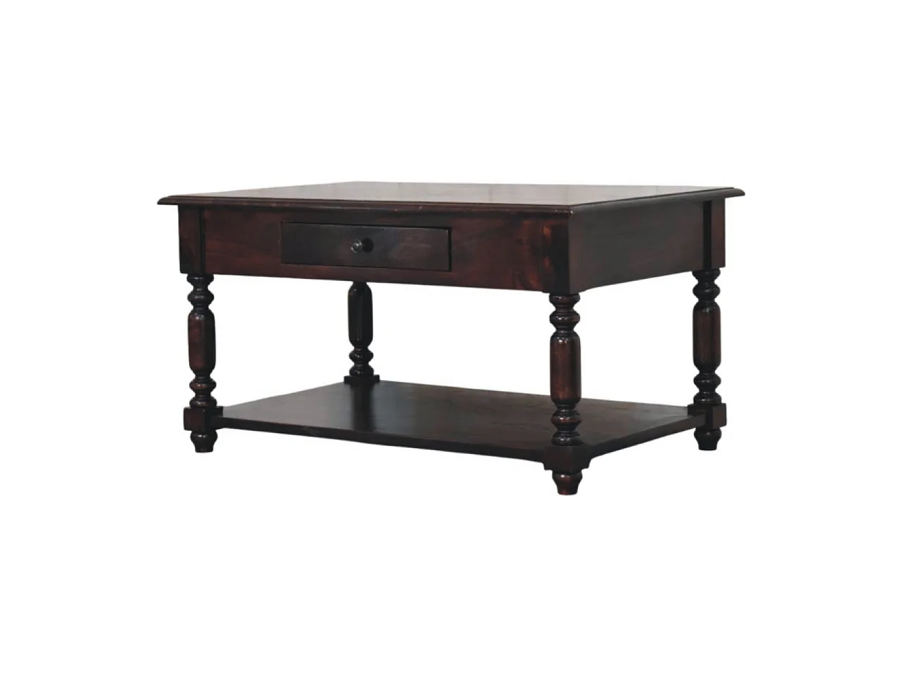 Artisan Furniture massief houten consoletafel met gedraaide poten, 1 lade en open plank, donkerbruin