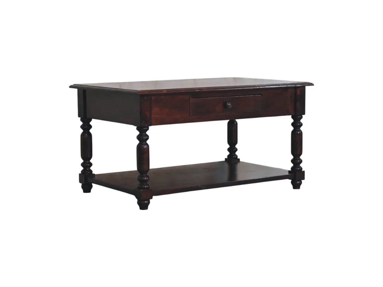 Artisan Furniture massief houten consoletafel met gedraaide poten, 1 lade en open plank, donkerbruin