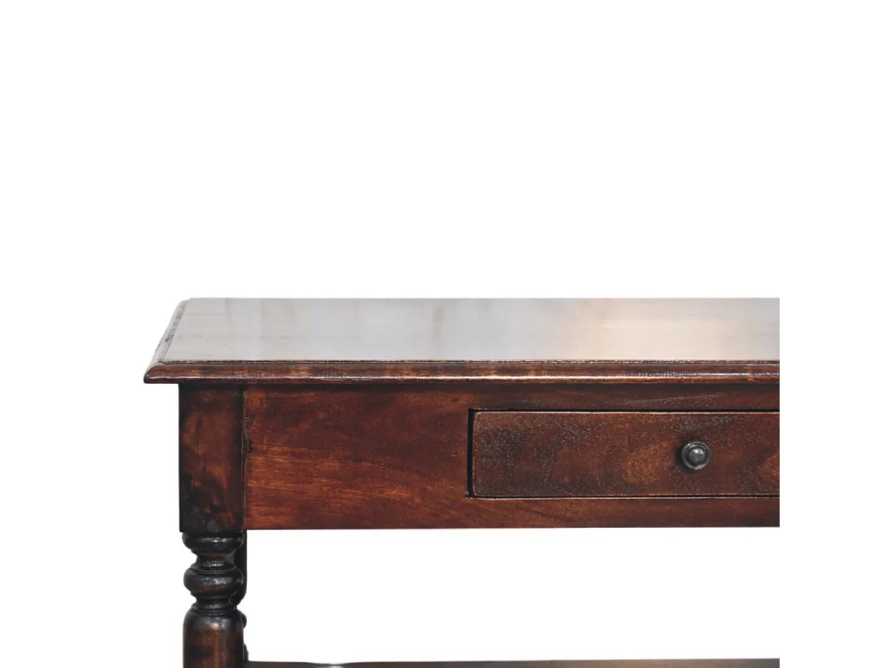 Artisan Furniture massief houten consoletafel met gedraaide poten, 1 lade en open plank, donkerbruin