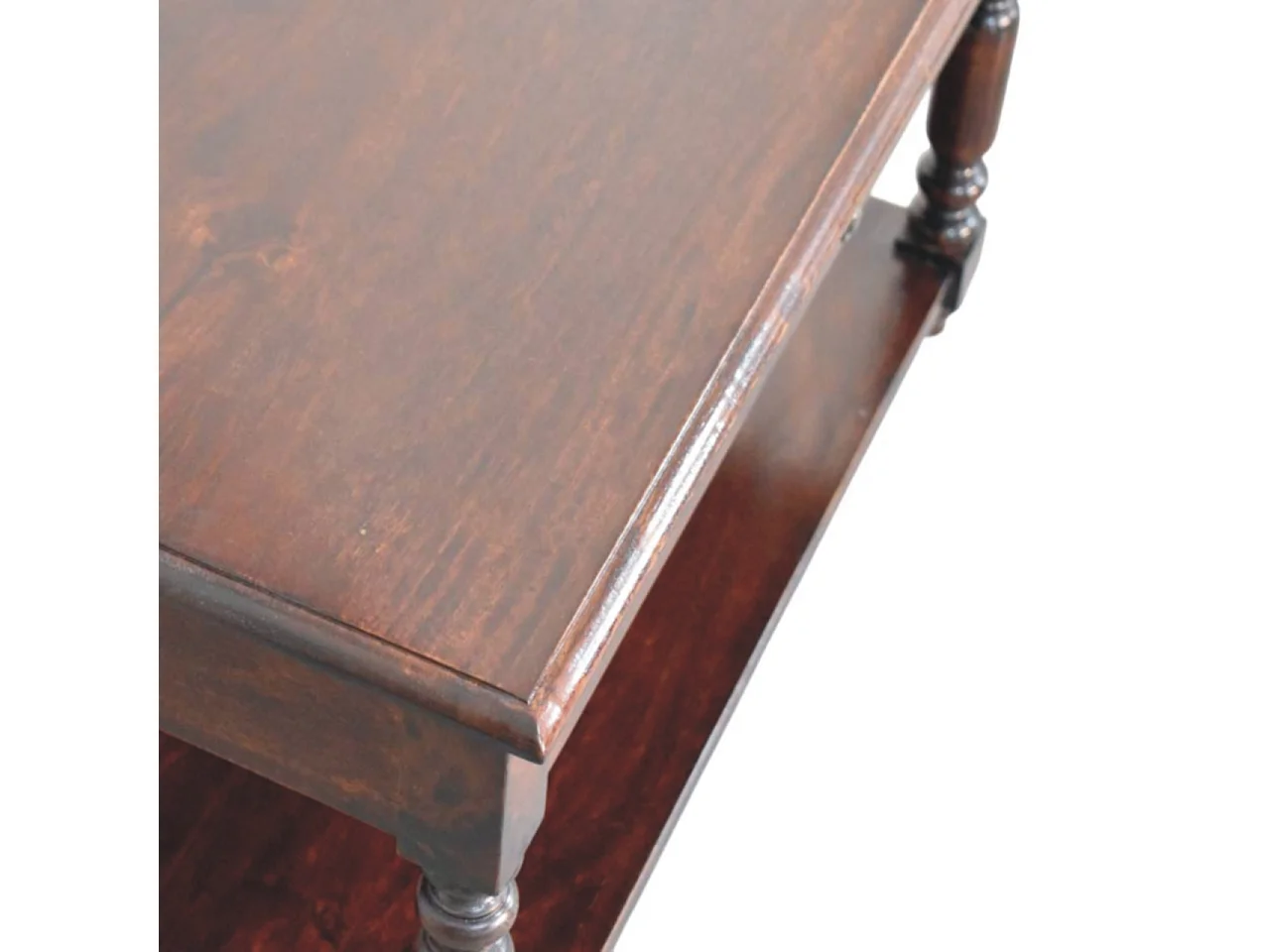 Artisan Furniture massief houten consoletafel met gedraaide poten, 1 lade en open plank, donkerbruin