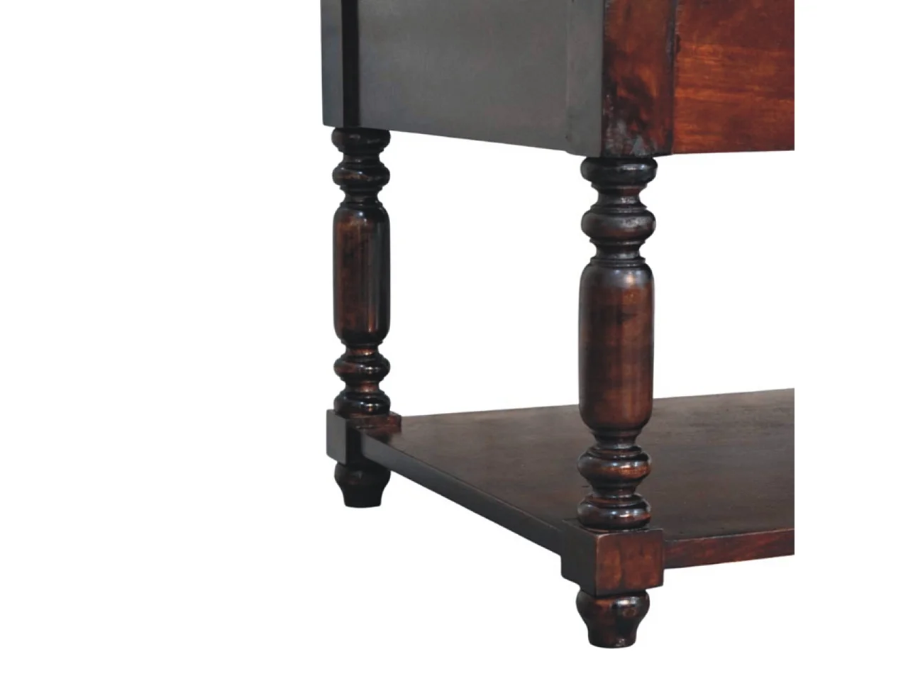 Artisan Furniture massief houten consoletafel met gedraaide poten, 1 lade en open plank, donkerbruin