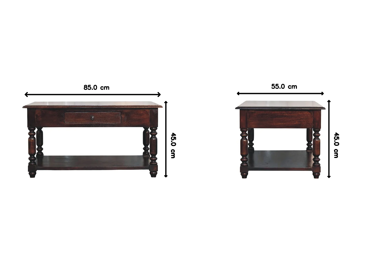 Artisan Furniture massief houten consoletafel met gedraaide poten, 1 lade en open plank, donkerbruin