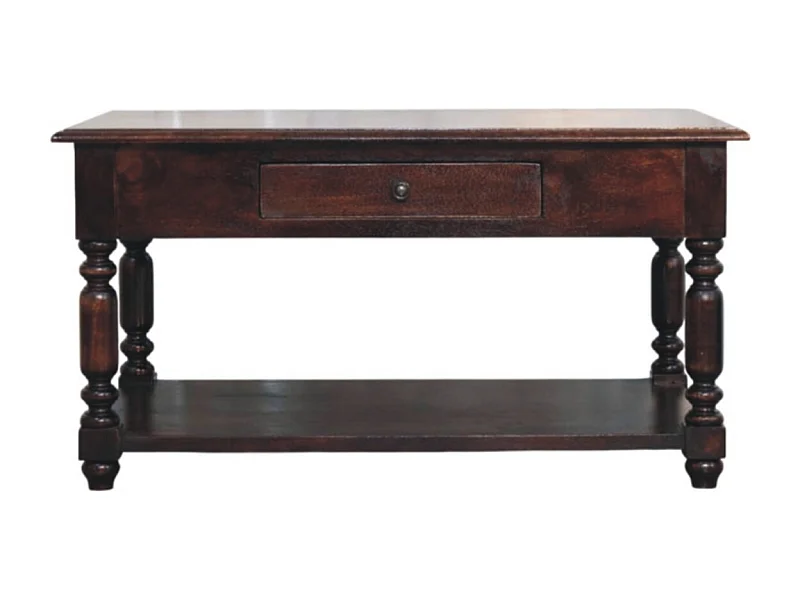 Artisan Furniture Console en bois massif avec pieds tournés, 1 tiroir et étagère ouverte, brun foncé