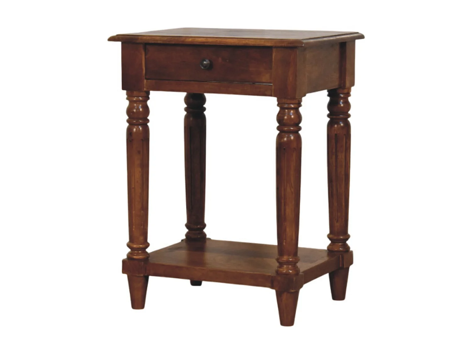 Artisan Furniture Table d’appoint Chestnut en bois massif avec pieds tournés, 1 tiroir, marron foncé