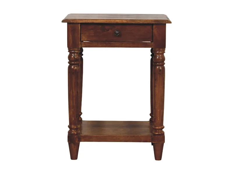 Artisan Furniture Table d’appoint Chestnut en bois massif avec pieds tournés, 1 tiroir, marron foncé