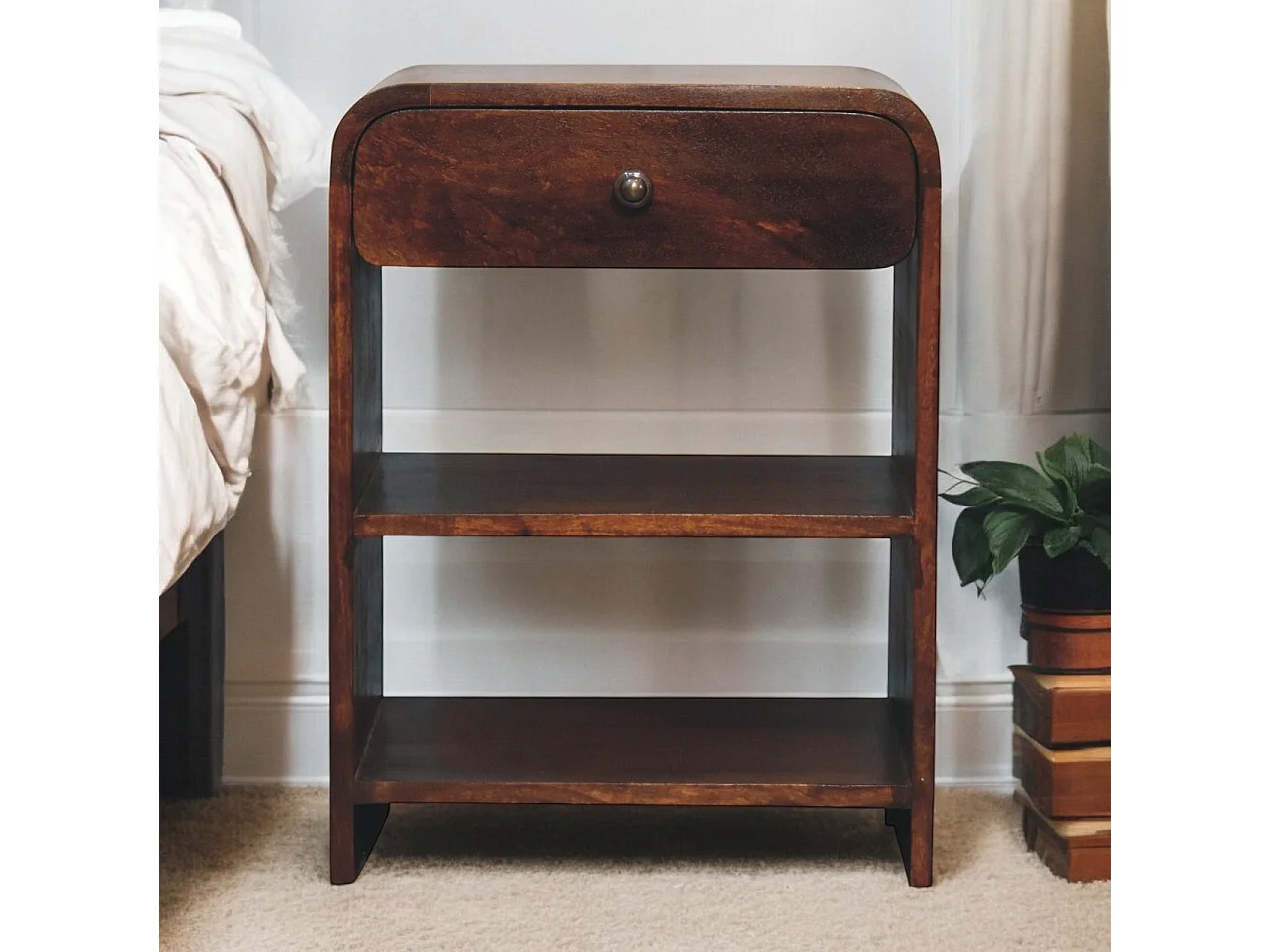 Artisan Furniture Table de chevet ouverte en bois massif de tremble, 1 tiroir et 2 compartiments ouverts, brun foncé